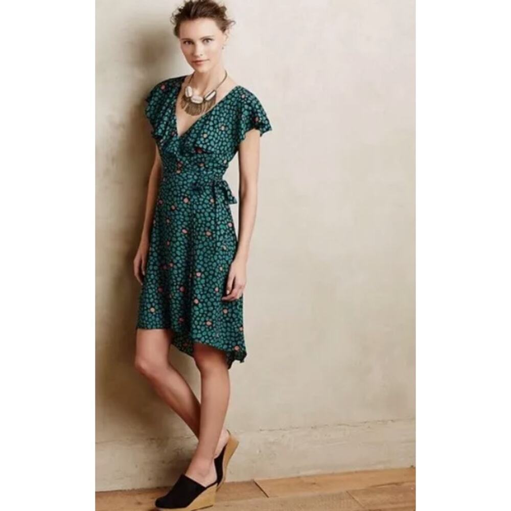 Anthropologie HD in Paris Faux Ruffle Wrap Dress V Neck black Green teal US 0